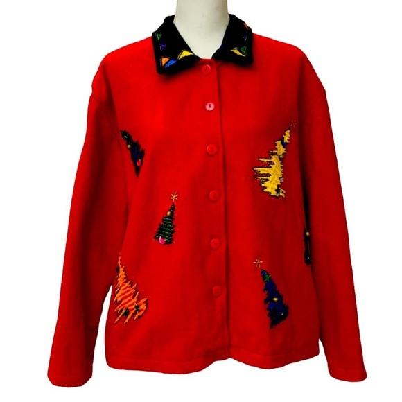 Take Two Vintage Christmas Jacket Boxy Red Multicolor Embellished 80’s  Large - Picture 1 of 16